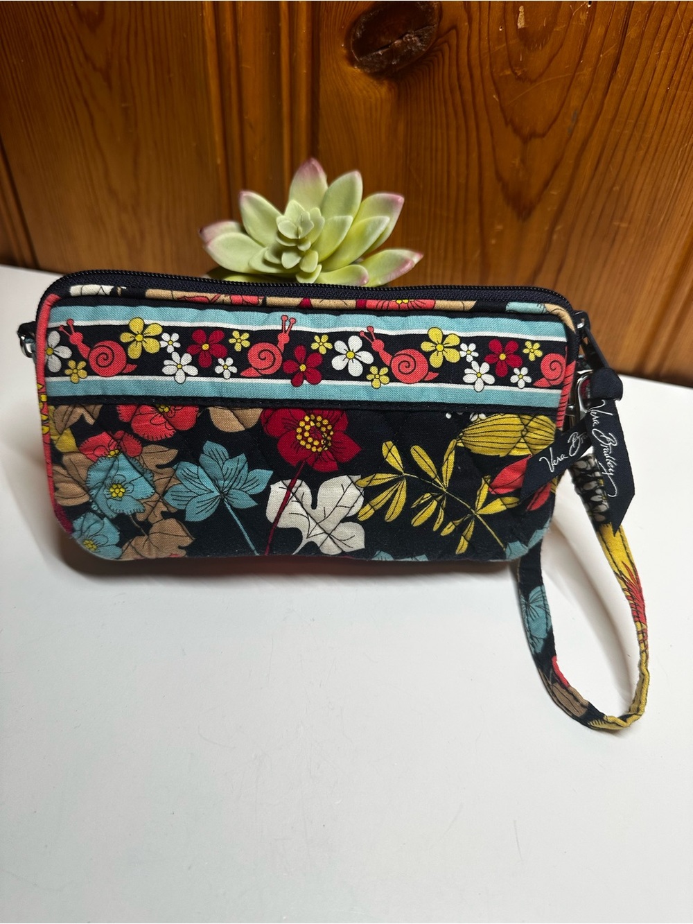 Vera Bradley Black Floral Wristlet with Red, Yellow & Teal Accents